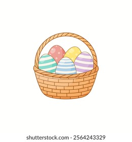 Easter basket with colorful eggs. Vector illustration