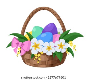 Cesta de Semana Santa con huevos de colores de Pascua, flores blancas y amarillas, arco rosa y hojas. Cesta de mimbre para Semana Santa y otro diseño. Ilustración de dibujos animados aislados en fondo blanco. Veto de reserva