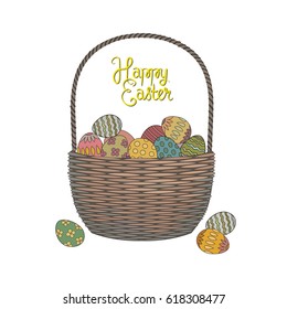 Easter basket with colorful painted eggs isolated on white