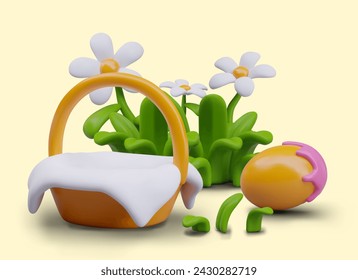 Easter basket covered with white napkin, daisies in green grass, painted egg