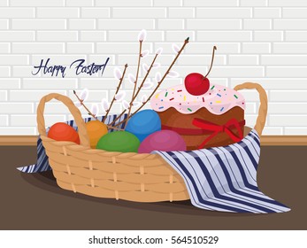 Easter basket, cupcake, cake, willow, colored eggs, the holiday symbol