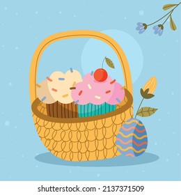 easter basket with cupcakes and egg