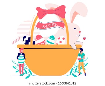 Easter basket with cute rabbit and painted eggs, place for text, man and woman with Easter cake and egg, vector flat illustration. Spring holiday festival composition for poster, banner etc.