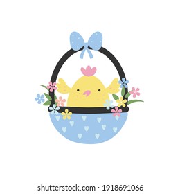 Easter basket with cute yellow chicken and flowers Isolated on white background. Easter symbol vector illustration.