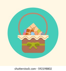 Easter Basket Decorated Colorful Eggs Holiday Symbols Greeting Card Vector Illustration