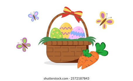 Easter basket with decorated eggs and carrots, surrounded by butterflies on a white background. Concept of spring celebration