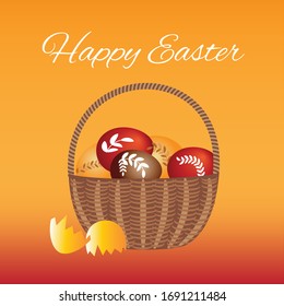 Easter basket with decorated eggs and orange background