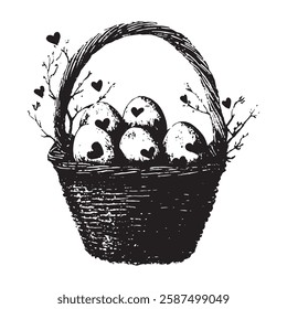 Easter basket with decorated eggs vector – black and white vintage illustration