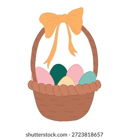 Easter basket with decorated eggs and a yellow bow, isolated on white background. Soft pastel flat vector illustration perfect for Easter greeting cards, children designs, holiday packaging, seasonal decorations, invitations, and spring-themed projects.