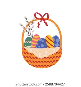 Easter basket decorated with red bow full of colorful Easter eggs and pussy willow branches. Vector hand drawn graphic of design elements for decoration