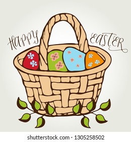  Easter basket with   with decorative colored eggs and the caption: happy easter