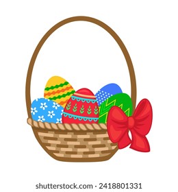 Easter basket with decorative eggs colorful vector illustration, isolated on white background, design element for greeting card, banner, traditional Easter decoration.