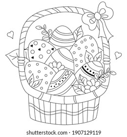 Easter basket with decorative eggs, flowers and leaves, Heart and bow. Vector drawing. Black line, outline. Decor for design and cards Happy Easter