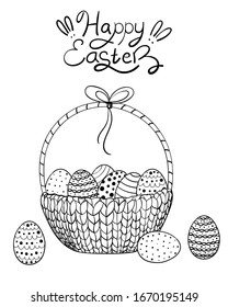 Easter basket and decorative eggs inside. Wish happy Easter lettering. Black outline on white background. Concept of greeting card. Vector doodle illustration