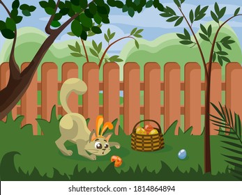 Celebración de la caricatura del gato de huevo de la canasta de Pascua 