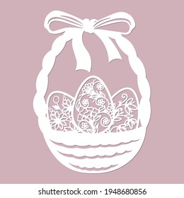 Cesta de Pascua con hierba de huevo, hojas, flores. Ilustración vectorial. Huevos de Pascua para las vacaciones de Pascua. Etiqueta de papel. Corte láser. Ilustración vectorial. Patrón para el corte láser, el alfarero y la impresión de pantalla