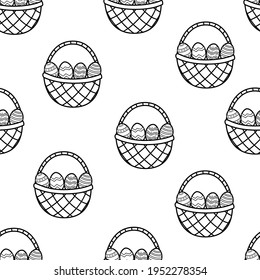 Easter basket with eggs black and white seamless pattern. Springtime background and coloring page for kids. Great for textile, gift paper or prints. Vector illustration