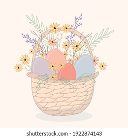 Easter basket with eggs and a bouquet of spring wildflowers. Pastel colors, modern art, simple lines