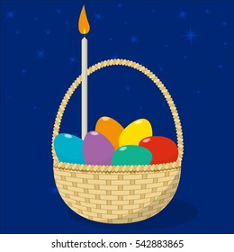 Easter basket with eggs and candle
