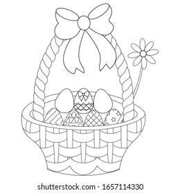 Easter basket with eggs. Chamomile design. Vector illustration. Outline on an isolated background. Coloring book. Sketch. Holy Easter symbol. This wicker basket with a bow is filled with decorated egg