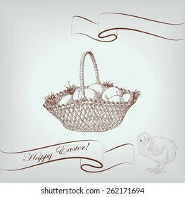 Easter basket with eggs and chick in corner on background. Vector sketch