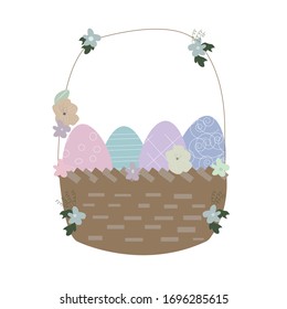 Easter basket with eggs. Colored eggs in basket. Basket with flowers
