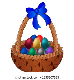 Easter basket with eggs. Colored vector illustration. Isolated background. Holy Easter symbol. This wicker basket with a bow is filled with decorated eggs. Idea for web design, books. Cartoon style. S