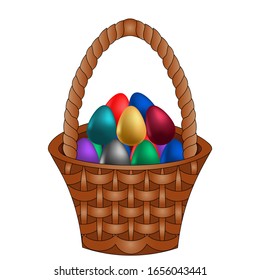 Easter basket with eggs. Colored vector illustration. Isolated background. Holy Easter symbol. Wicker basket with decorated eggs. Idea for web design, books. Cartoon style. Spring print.