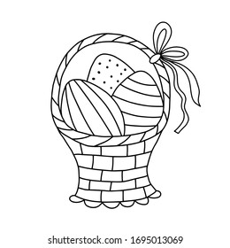 Easter basket with eggs. Coloring for children. Outline drawing. Vector illustration.