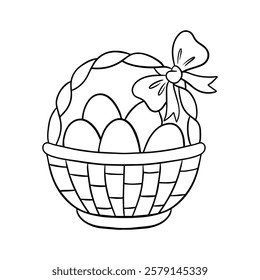 Easter basket with eggs. Coloring for children. Outline drawing. Vector illustration.