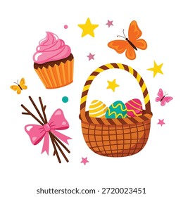 Cesta de Pascua con el cupcake de los huevos y el caramelo aislados en el fondo blanco
