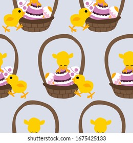 easter basket with easter eggs and cute chicken, seamless pattern, perfect to use on the web or in print