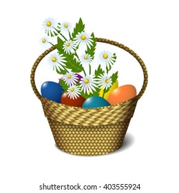 Easter basket with eggs and daisies