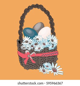 Easter basket with eggs and daisies. Vector illustration on orange background