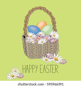 Easter basket with eggs and daisies. Vector illustration on green background