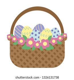 Easter basket with eggs is decorated with flowers.