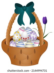 Easter basket with eggs. Decorated with a tulip flower. Color vector illustration. Holy Easter symbol. Wicker basket with a bow, filled with decorated eggs. Flat style. Isolated background. 