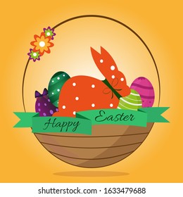 Easter basket with eggs, decorative bunny with bow. Happy Easter greeting card