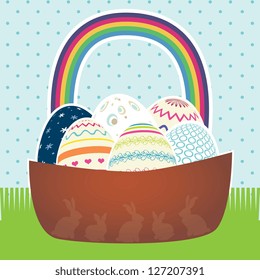 Easter basket with eggs in different colors. Vector