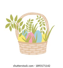 Easter basket with eggs and different plants. Hand drawn cartoon greeting card with cute wicker basket and eggs isolated on white background.