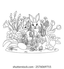 Easter basket with eggs, flowers. Black and white outline illustration.