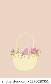 Easter basket with eggs and flowers. Cute vector illustration.