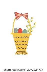 Easter basket with eggs, flowers, decorations, bows. Patterned basket. Easter gift, congratulations. Cute illustration for card design, greeting email, invitation design, announcement, scrapbooking.