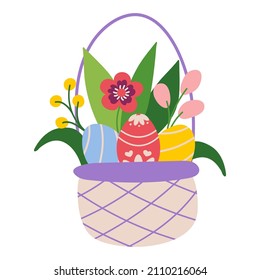 Easter basket with eggs and flowers. Drawn style. White background, isolate. Vector illustration.
