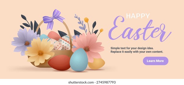 Easter basket eggs flowers pastel colors decorative composition with ribbon and foliage on soft background web banner