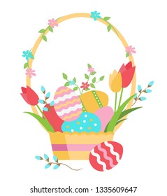 Easter basket with eggs, flowers, and verba, vector illustration. Happy Easter!