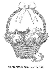 Easter basket. Basket with  Easter eggs and  grass  at doddle style
