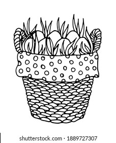 Easter basket with eggs and grass. Hand drawn doodle easter greeting cards with wicker basket, spring flowers and eggs. Vector clip art design for holiday decor, invitations, stickers, textile.