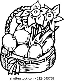Easter basket with eggs. Happy Easter celebration party for baby, kids, boy or girl and family. Cute lovely cartoon old style illustration drawn by hand. Vintage line art doodle for retro poster.