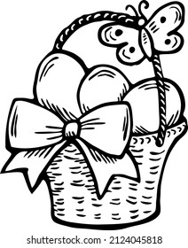 Easter basket with eggs. Happy Easter celebration party for baby, kids, boy or girl and family. Cute lovely cartoon old style illustration drawn by hand. Vintage line art doodle for retro poster.